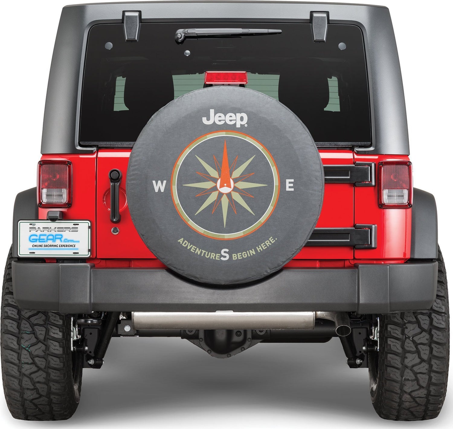 Jeep Spare Tire Cover - The Adventure Begins Here Logo on Black Denim - Jeep Tire Cover
