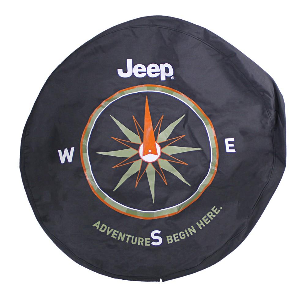Jeep Spare Tire Cover - The Adventure Begins Here Logo on Black Denim - Jeep Tire Cover