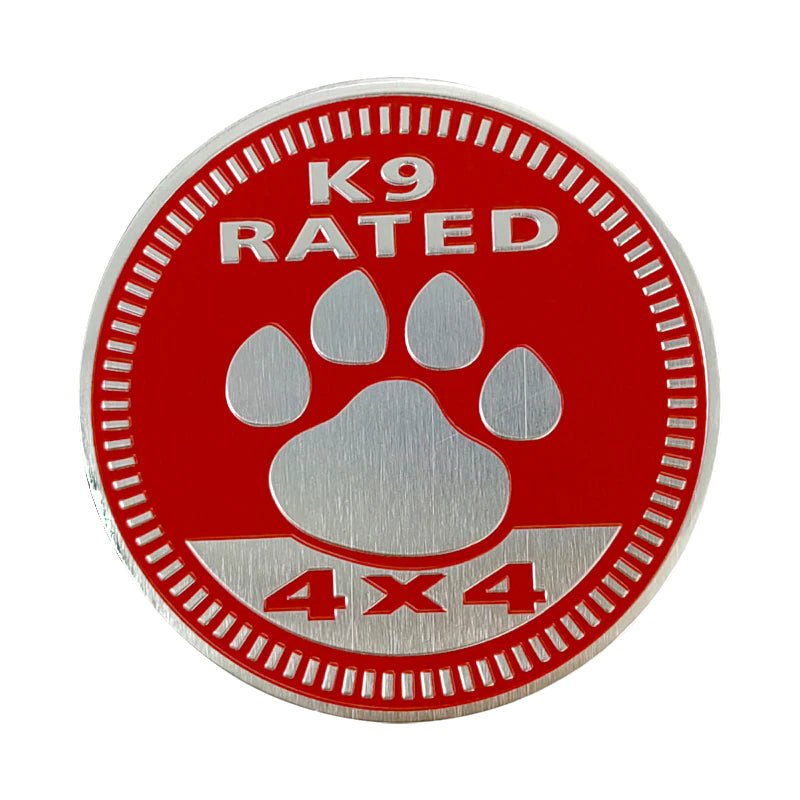 K9 Rated Red Paw Print Jeep 4x4 3D Aluminum Badge - Jeep Vehicle Decor Accessory Sets